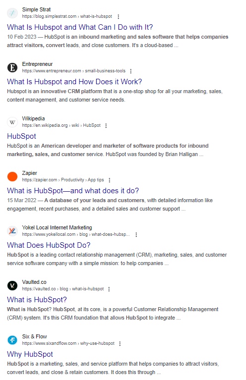 screenshot of results searching hubspot in google